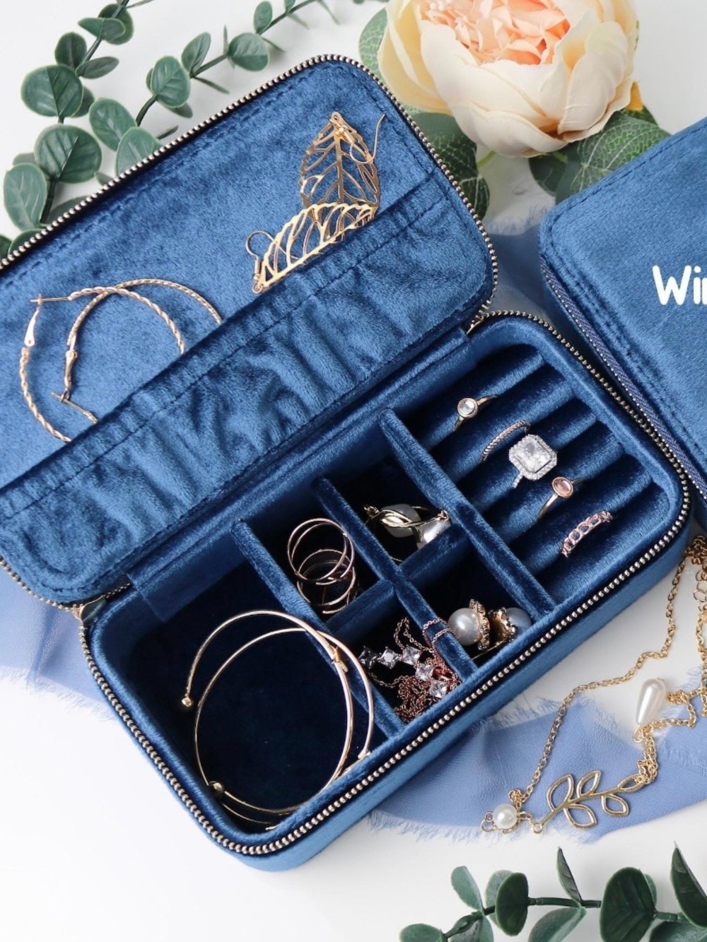 Blue Velvet Jewelry Organizer Travel Case with Multiple Compartments